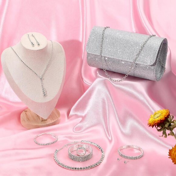 Elegant Silver Clutch Purse and Rhinestone Jewelry Set for Women - Bridal Prom W - Picture 4 of 7